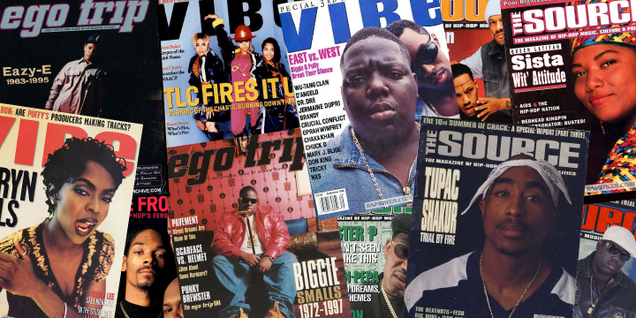 Vintage covers of the Source, Vibe and ego trip magazines (Credit: Pitchfork.com)